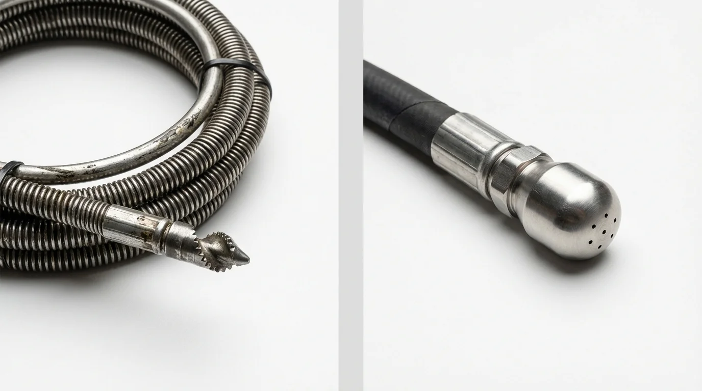Drain snake cable and hydro jetting nozzle used for drain cleaning in Newark, IL
