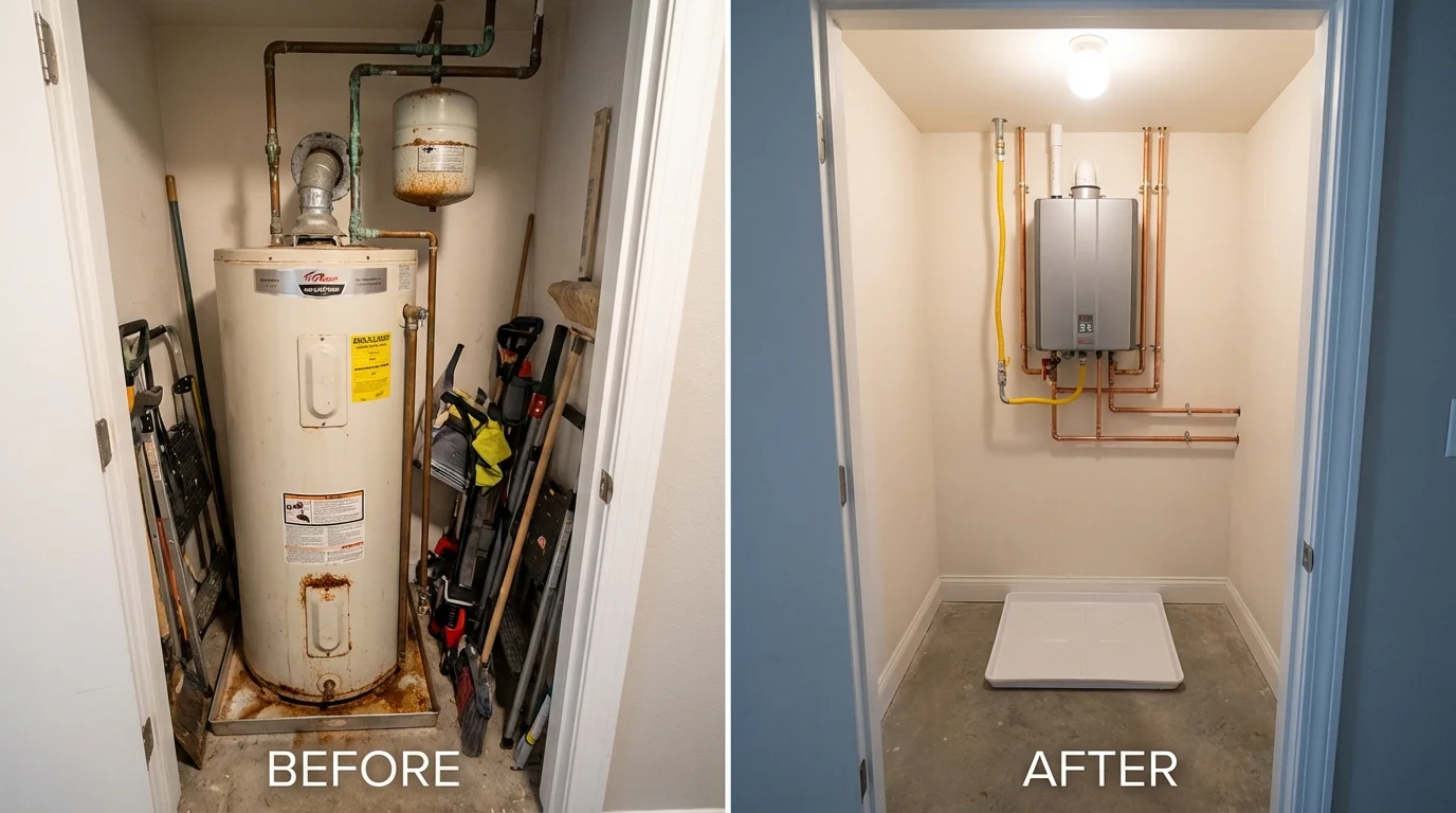 Tank water heater versus wall-mounted tankless unit comparison for Newark, IL homeowners