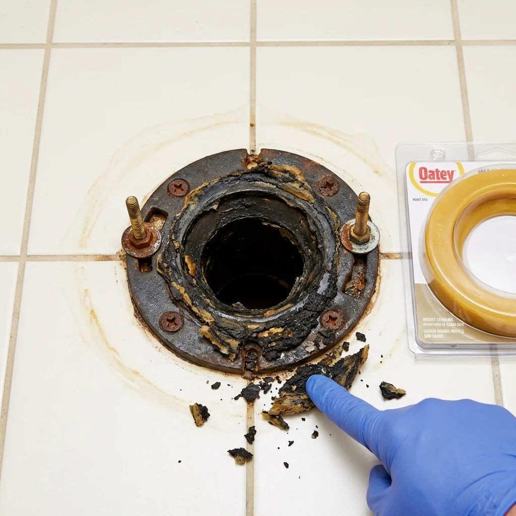 Failed wax ring showing water seepage at the base of a toilet in a Newark, IL home