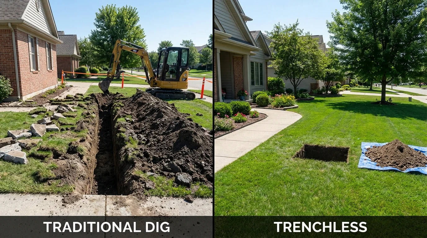 Trenchless sewer repair with minimal yard damage versus traditional excavation in Newark, IL
