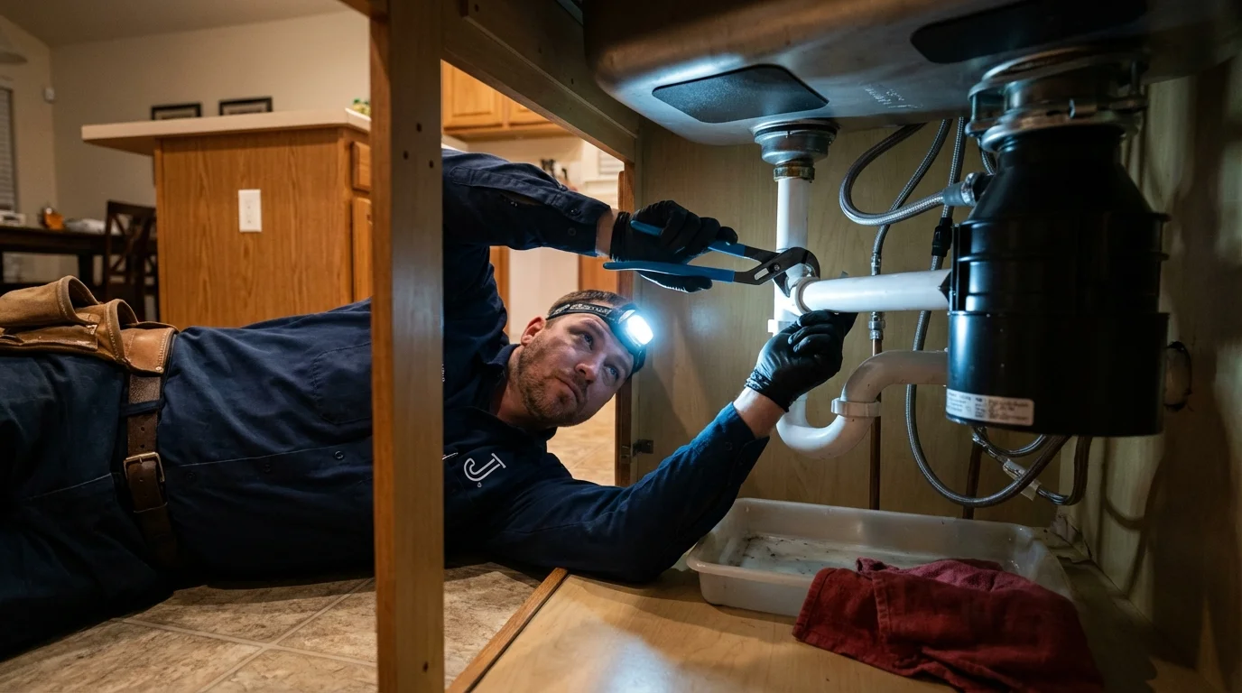 P-trap and supply line connections under a kitchen sink showing a common leak point in Newark, IL
